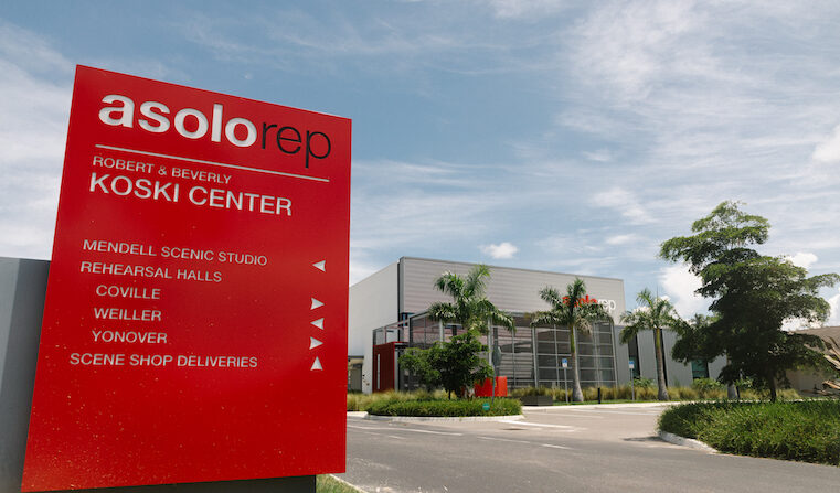 A sign in front of Asolo Rep's Robert & Beverly Koski Center building.
