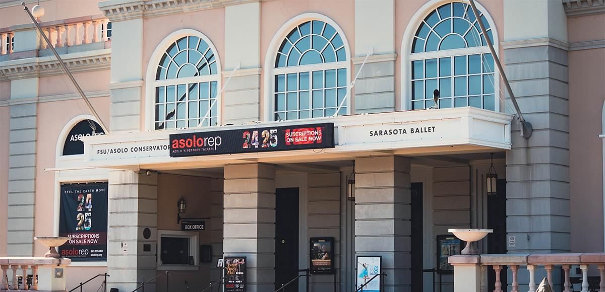 The entrance of the Asolo Rep Theatre building.