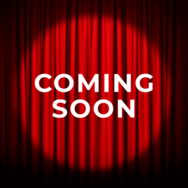 Red curtain with spotlighted text: "Coming Soon."