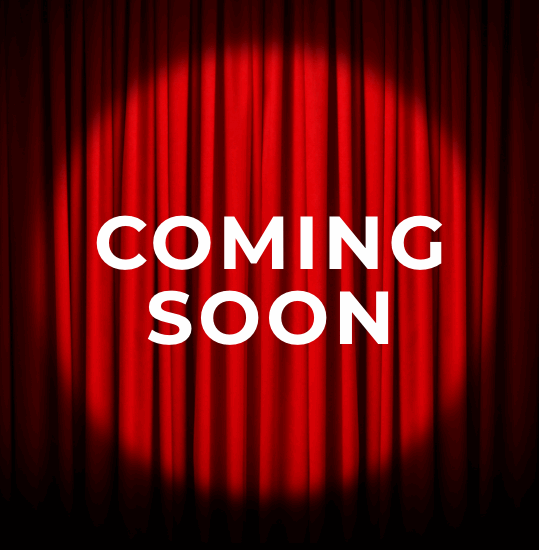 Red curtain with spotlighted text: "Coming Soon."