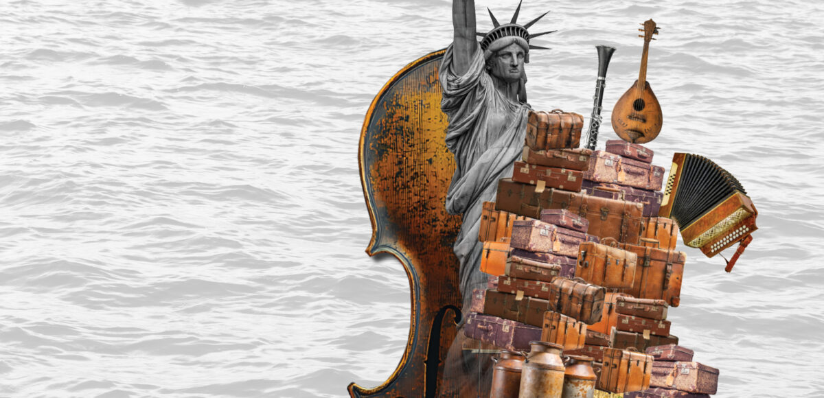 Show artwork for Asolo Rep's production of Fiddler on the Roof featuring a fiddle, the Statue of Liberty and a pile of luggage.