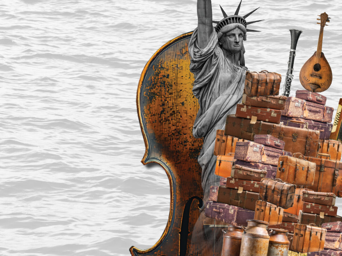 Show artwork for Asolo Rep's production of Fiddler on the Roof featuring a fiddle, the Statue of Liberty and a pile of luggage.