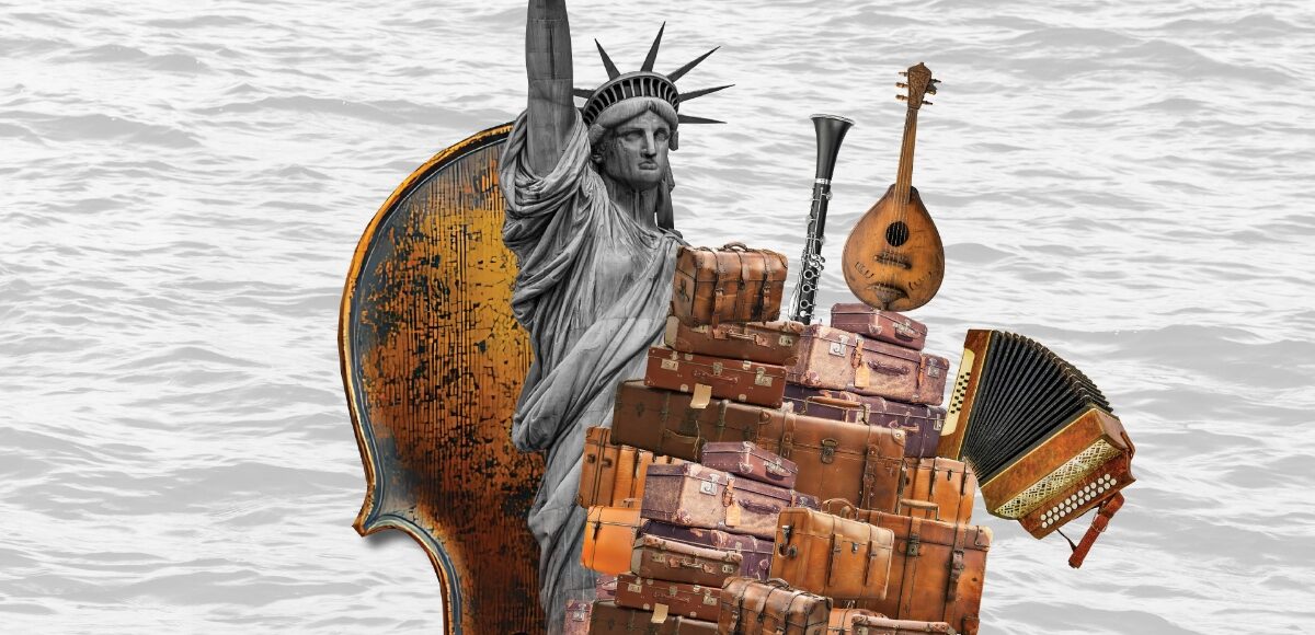 Show artwork for Asolo Rep's production of Fiddler on the Roof featuring a fiddle, the Statue of Liberty and a pile of luggage.