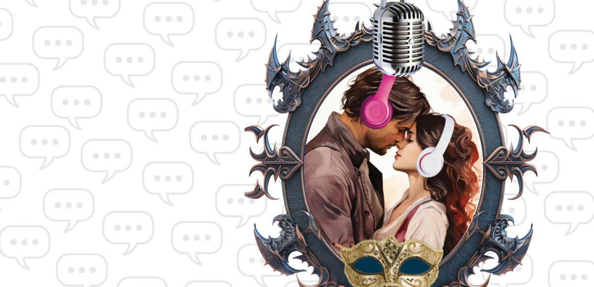 Show artwork for Asolo Rep's production of Lady Disdain, featuring a background of text bubbles and a mirror with a man and woman touching foreheads.