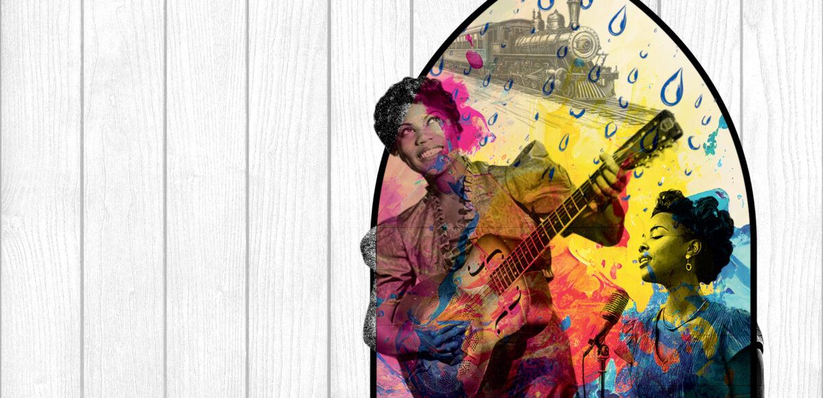 Show artwork for Asolo Rep's production of Marie and Rosetta featuring the two women singing and playing guitar in a watercolor painting.