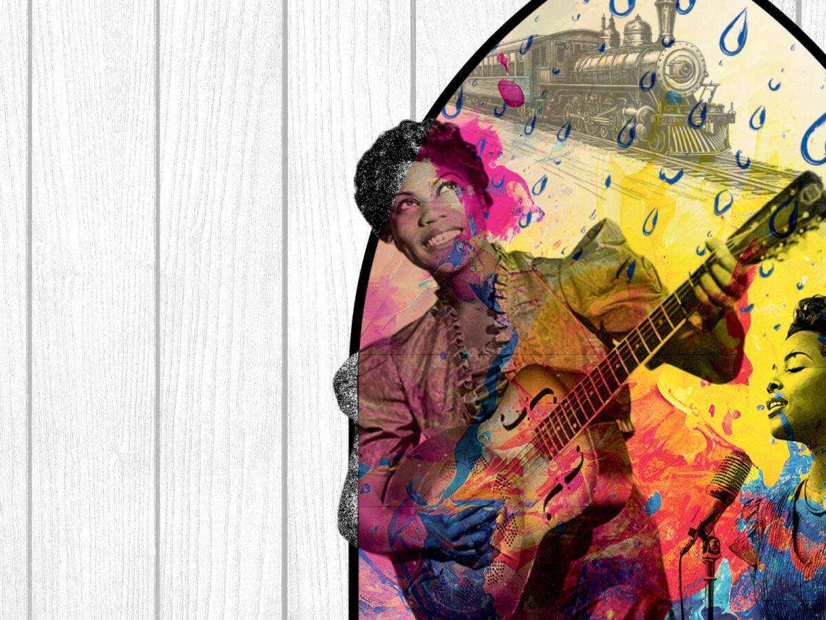 Show artwork for Asolo Rep's production of Marie and Rosetta featuring the two women singing and playing guitar in a watercolor painting.