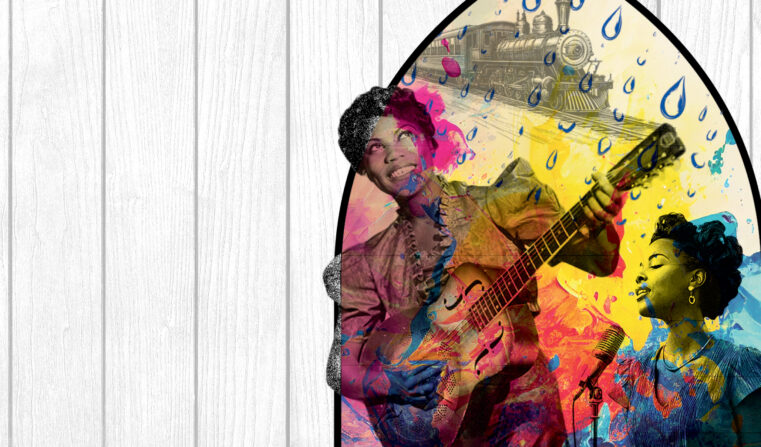 Show artwork for Asolo Rep's production of Marie and Rosetta featuring the two women singing and playing guitar in a watercolor painting.