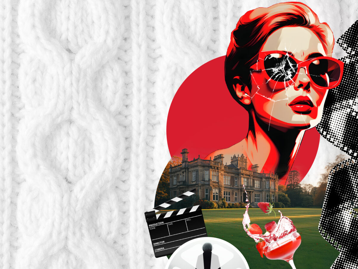 Show artwork for Asolo Rep's production of The Mirror Crack'd featuring a woman in red sunglasses and old film iconography.