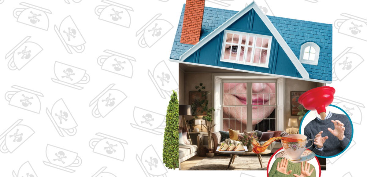 Show artwork for Asolo Rep's production of The Unfriend featuring a woman's face peering through the a house's windows.