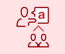An icon of a person, a speech bubble and two additional people.