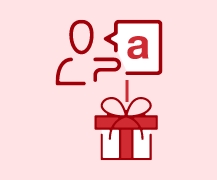 An icon of a person, a speech bubble and a gift box.
