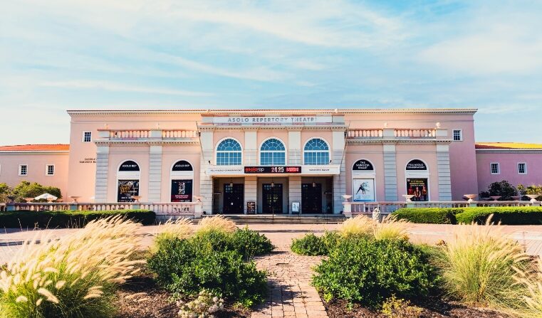 The front exterior and surrounding landscaping of Asolo Repertory Theatre.