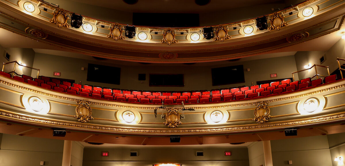 Empty Asolo Rep theatre seating, as seen from the stage point of view.