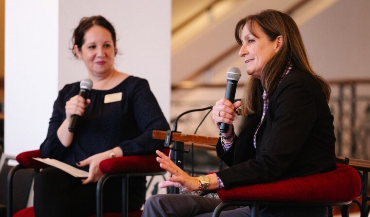 Two women speak to an audience at Asolo Rep's talkback event.