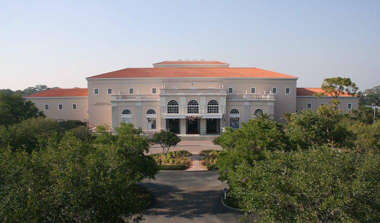 aerial photo of the outside of Asolo Rep and the grounds in front of the building