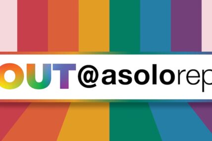 OUT@asolorep logo in front of rainbow stripes.